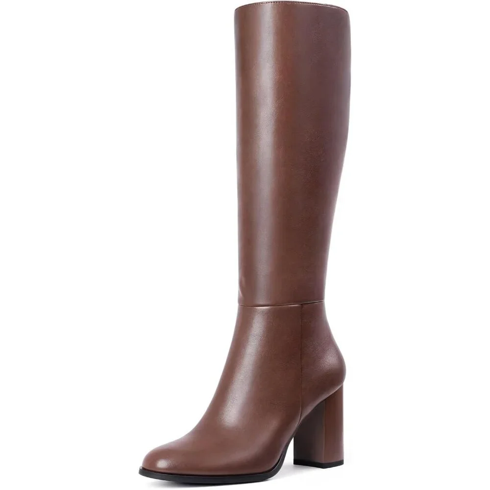 Women's Brown Knee High Boots Round Toe Side Zip Chunky Heel Boots Rubber